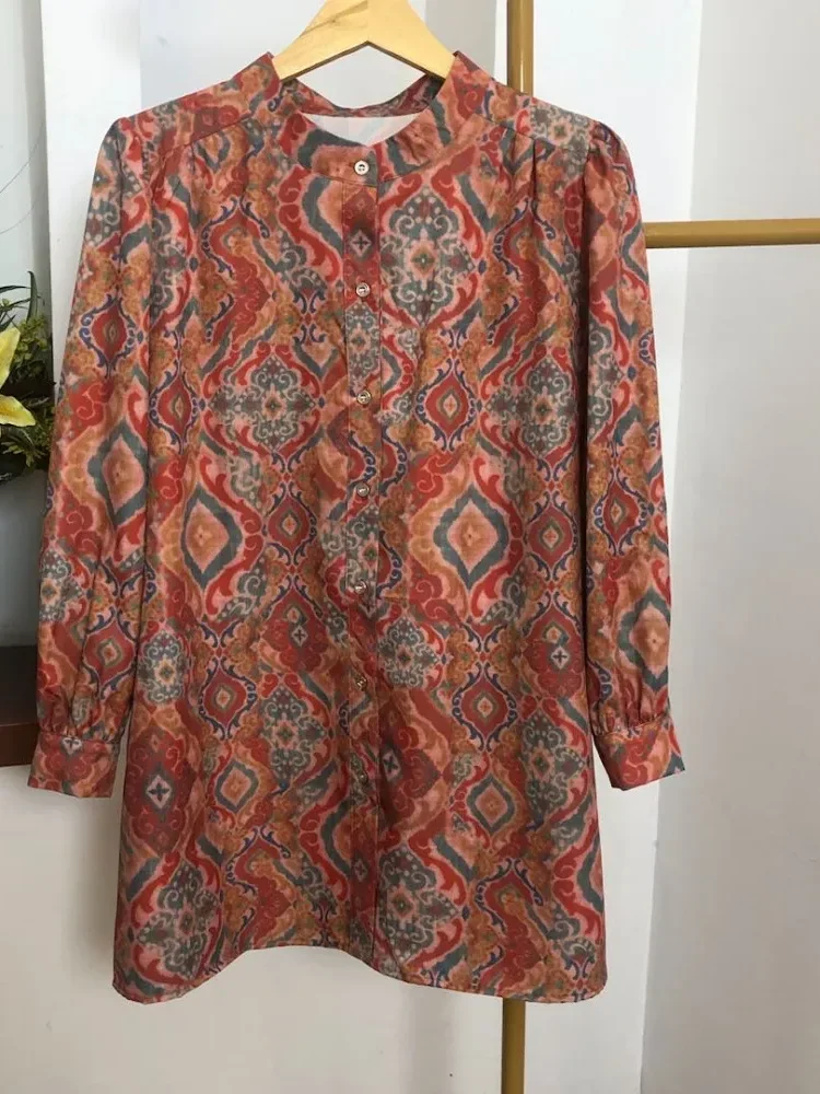 ASAYA Atasan kemeja lengan panjang  elegan longgar kasual cetak