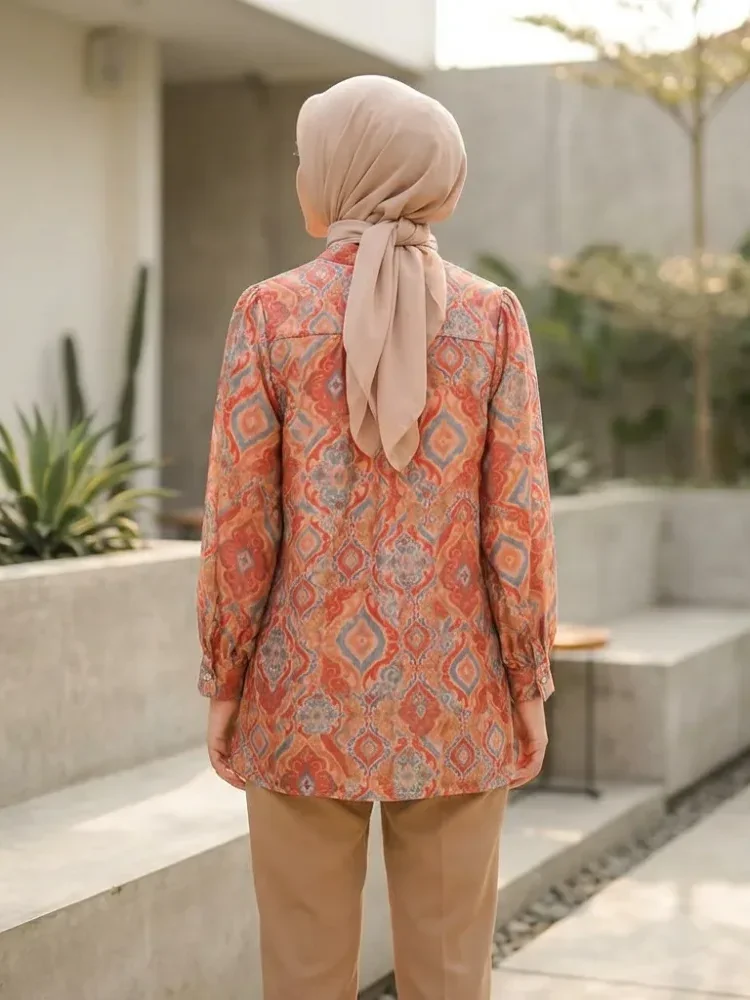 ASAYA Atasan kemeja lengan panjang  elegan longgar kasual cetak