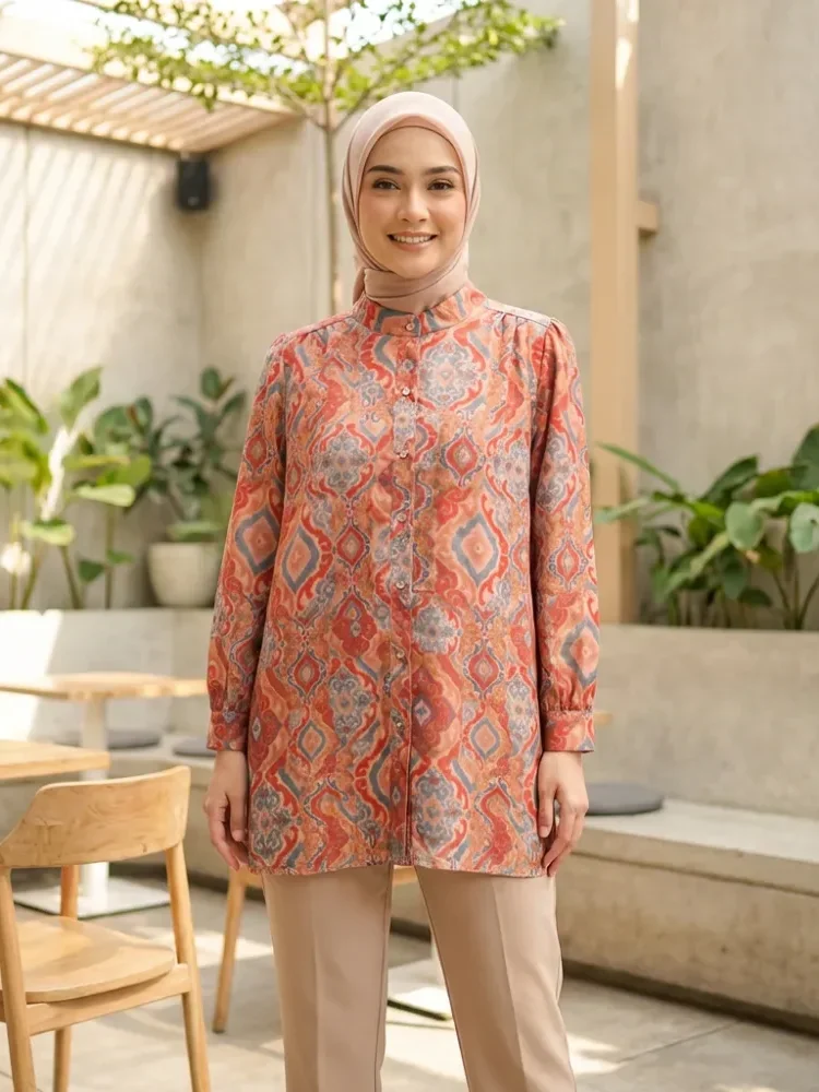 ASAYA Atasan kemeja lengan panjang  elegan longgar kasual cetak