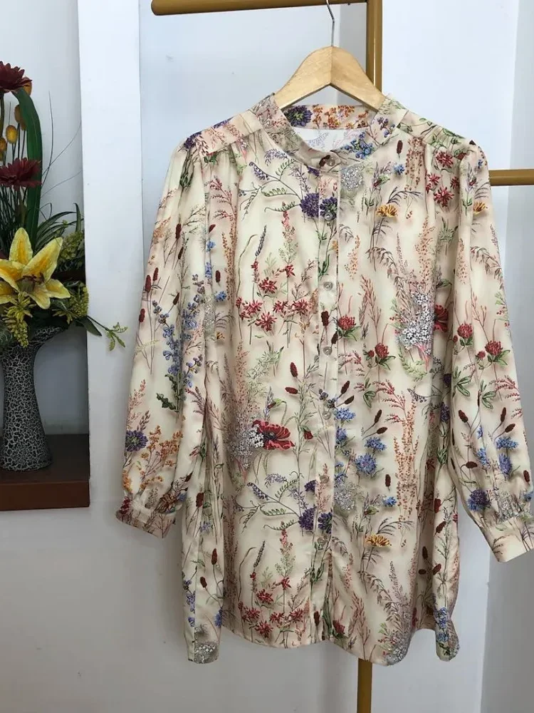 ASAYA Atasan kemeja lengan panjang elegan longgar kasual cetak