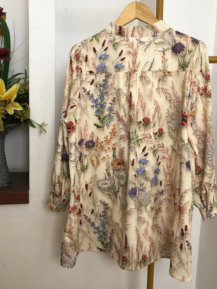 ASAYA Atasan kemeja lengan panjang elegan longgar kasual cetak