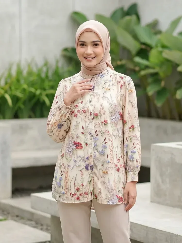 ASAYA Atasan kemeja lengan panjang elegan longgar kasual cetak