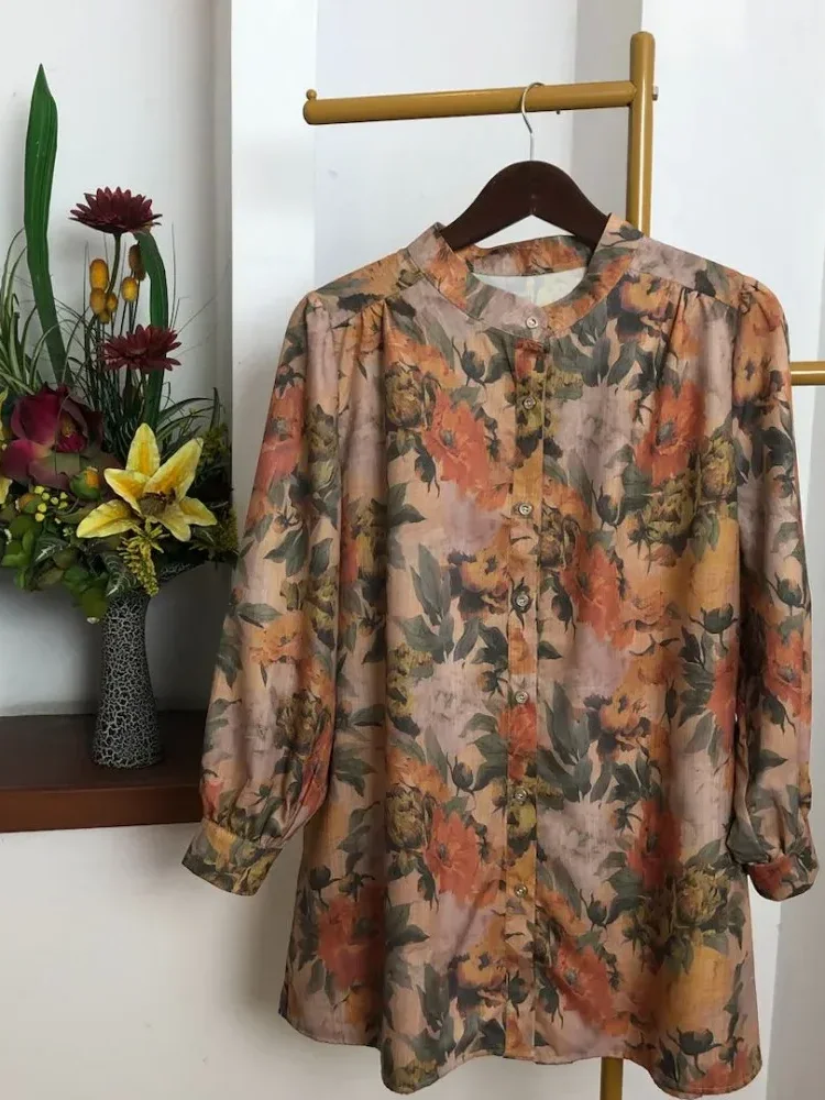 ASAYA Atasan kemeja lengan panjang  elegan longgar kasual cetak