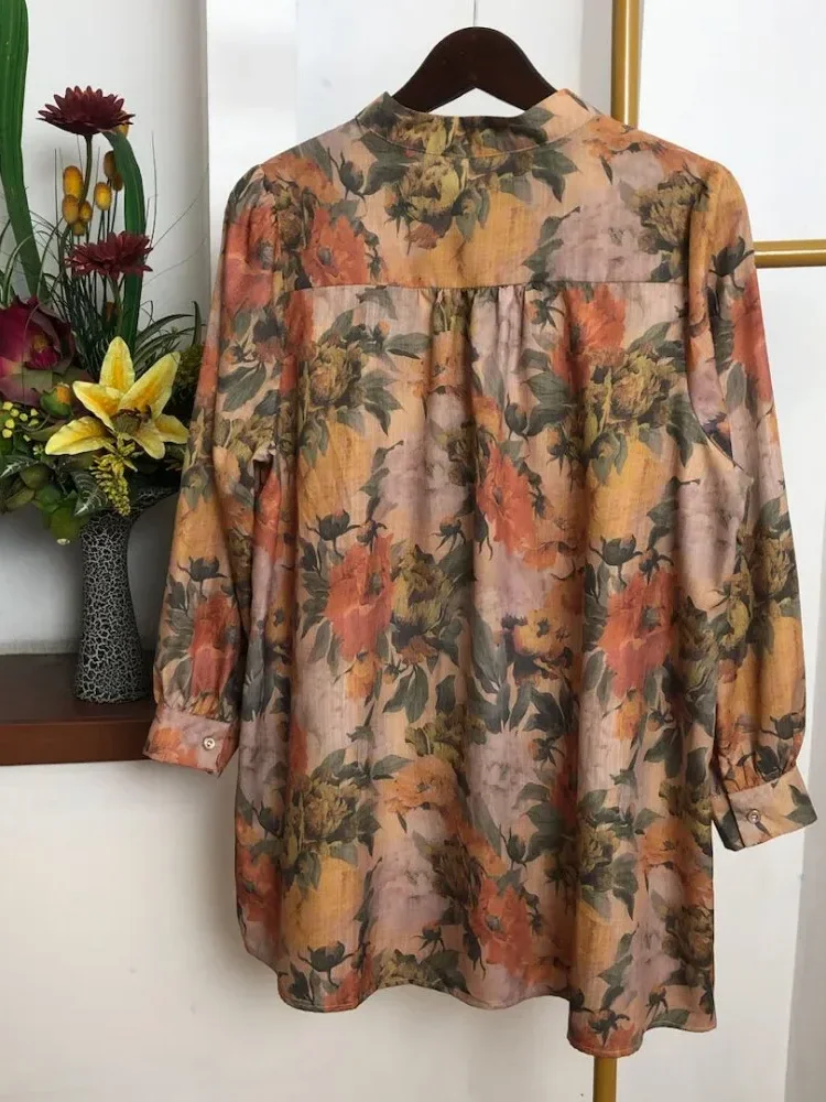 ASAYA Atasan kemeja lengan panjang  elegan longgar kasual cetak