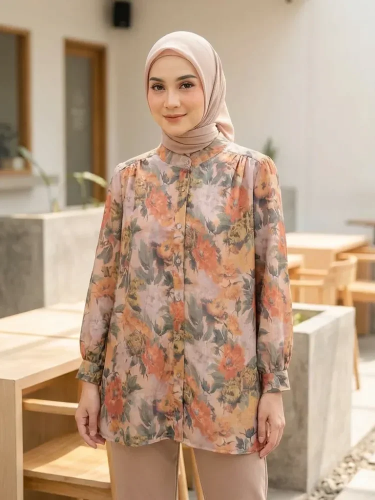 ASAYA Atasan kemeja lengan panjang  elegan longgar kasual cetak