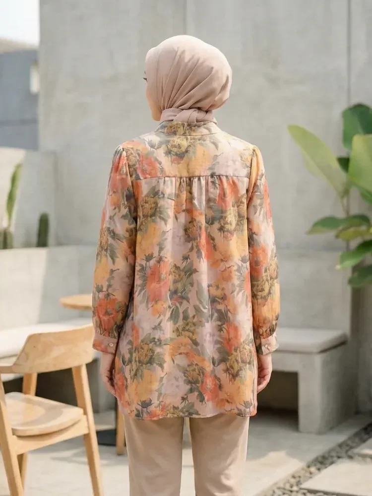 ASAYA Atasan kemeja lengan panjang  elegan longgar kasual cetak