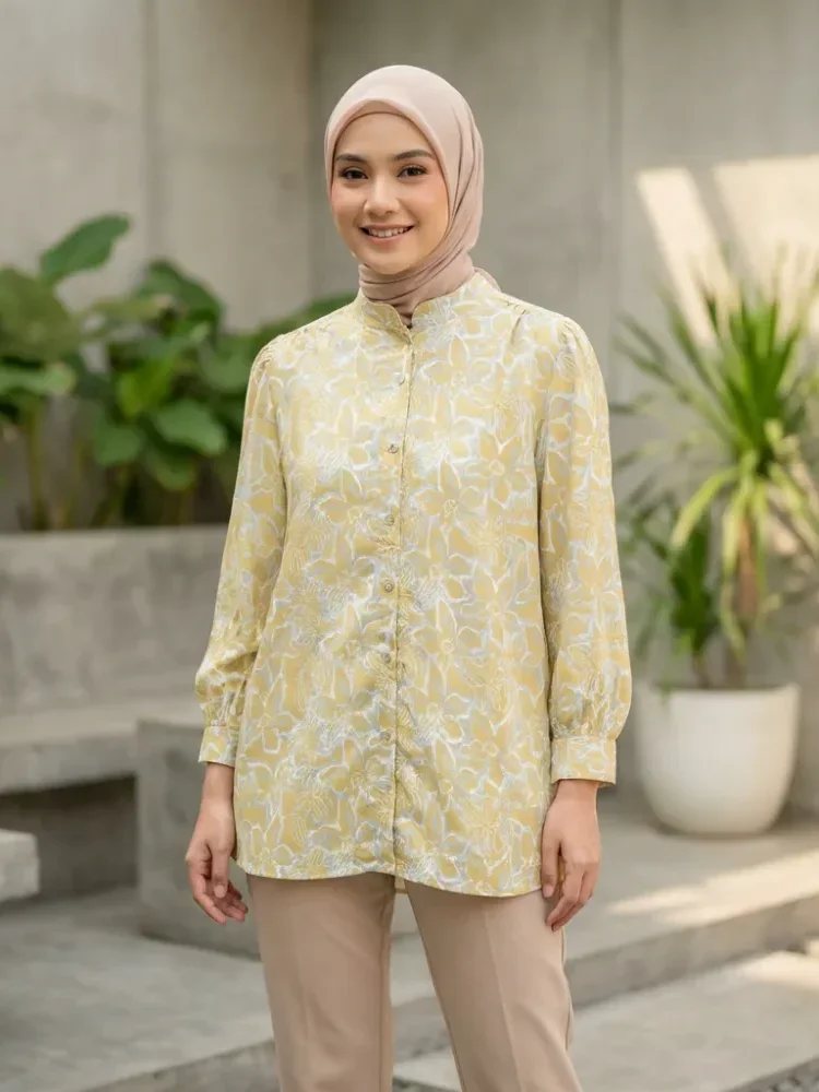 ASAYA Atasan kemeja lengan panjang  elegan longgar kasual cetak