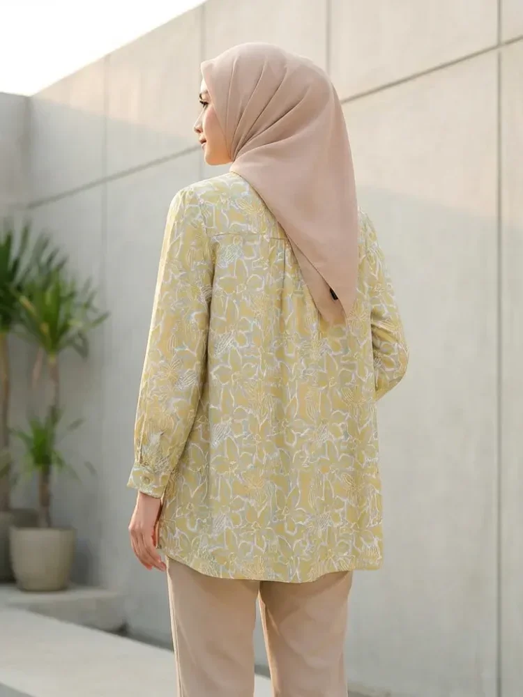 ASAYA Atasan kemeja lengan panjang  elegan longgar kasual cetak