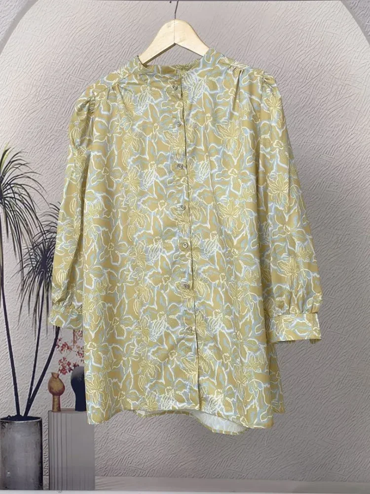 ASAYA Atasan kemeja lengan panjang  elegan longgar kasual cetak
