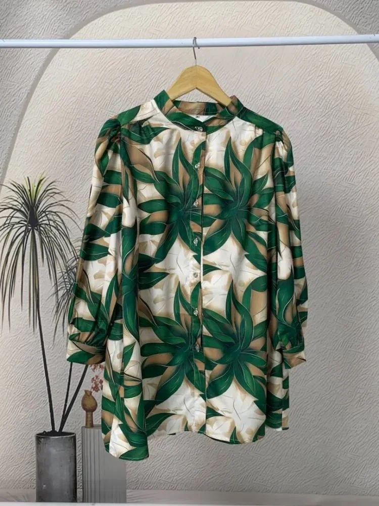 ASAYA Atasan kemeja lengan panjang  elegan longgar kasual cetak