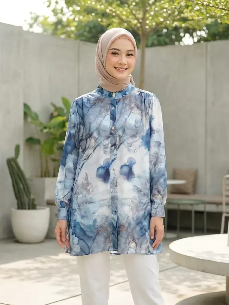 ASAYA Atasan kemeja lengan panjang  elegan longgar kasual cetak
