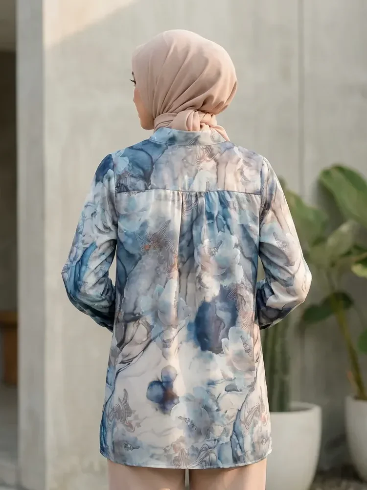 ASAYA Atasan kemeja lengan panjang  elegan longgar kasual cetak