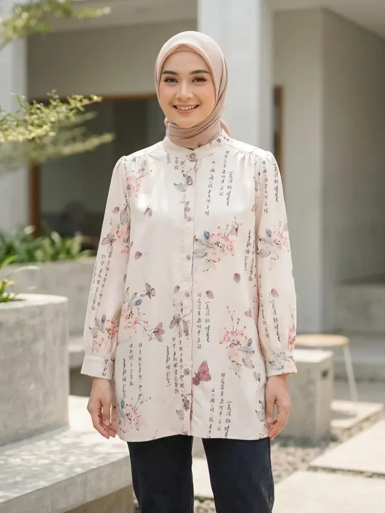 ASAYA Atasan kemeja lengan panjang  elegan longgar kasual cetak