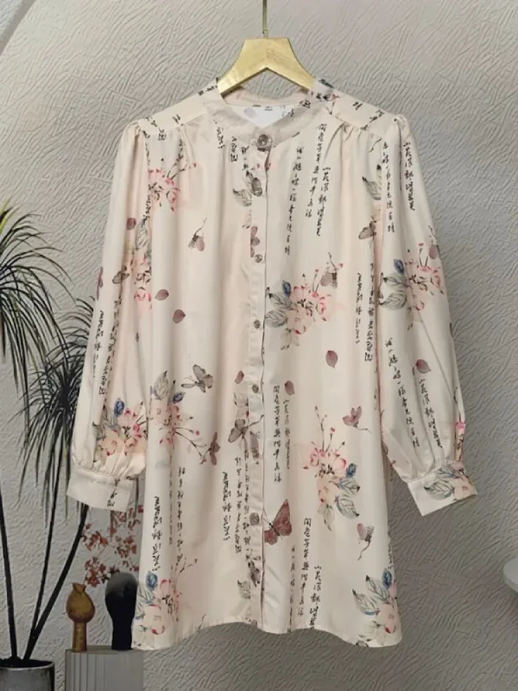 ASAYA Atasan kemeja lengan panjang  elegan longgar kasual cetak