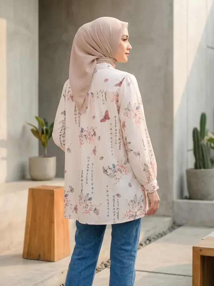 ASAYA Atasan kemeja lengan panjang  elegan longgar kasual cetak