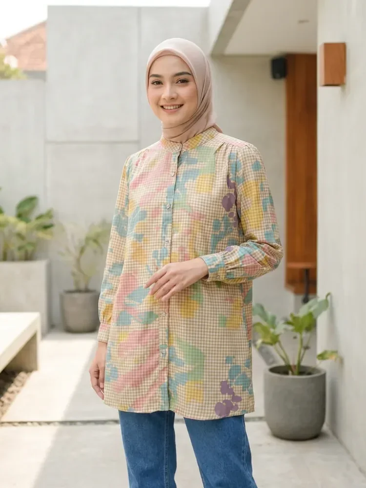 ASAYA Atasan kemeja lengan panjang  elegan longgar kasual cetak