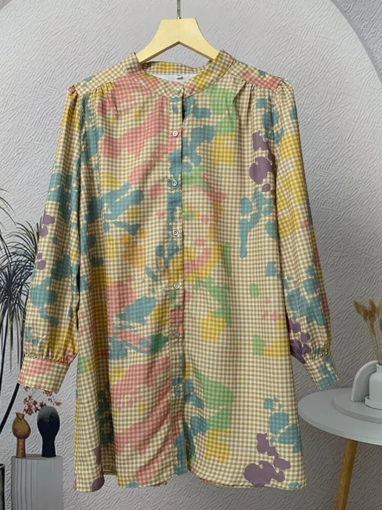 ASAYA Atasan kemeja lengan panjang  elegan longgar kasual cetak