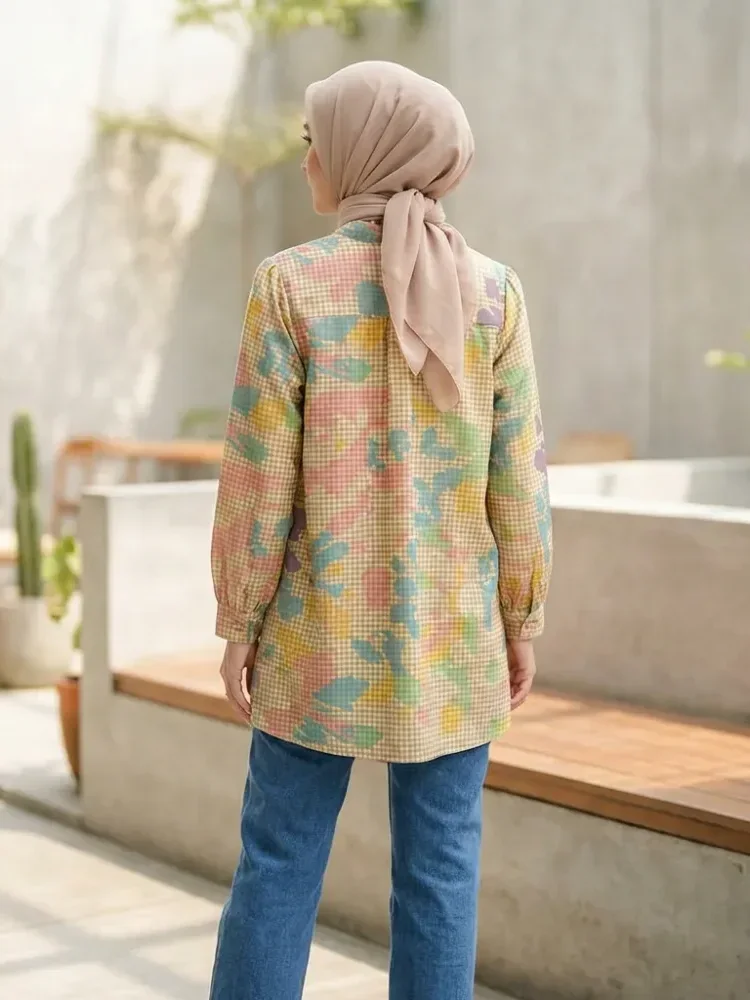 ASAYA Atasan kemeja lengan panjang  elegan longgar kasual cetak