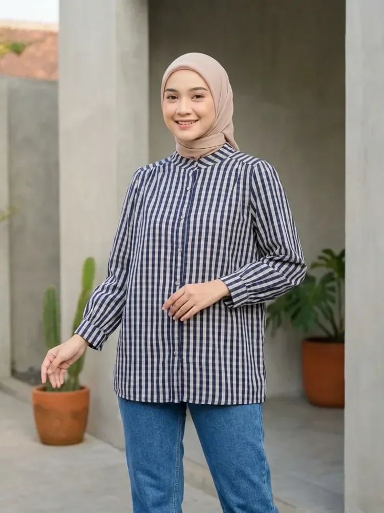 ASAYA Atasan kemeja lengan panjang  elegan longgar kasual cetak
