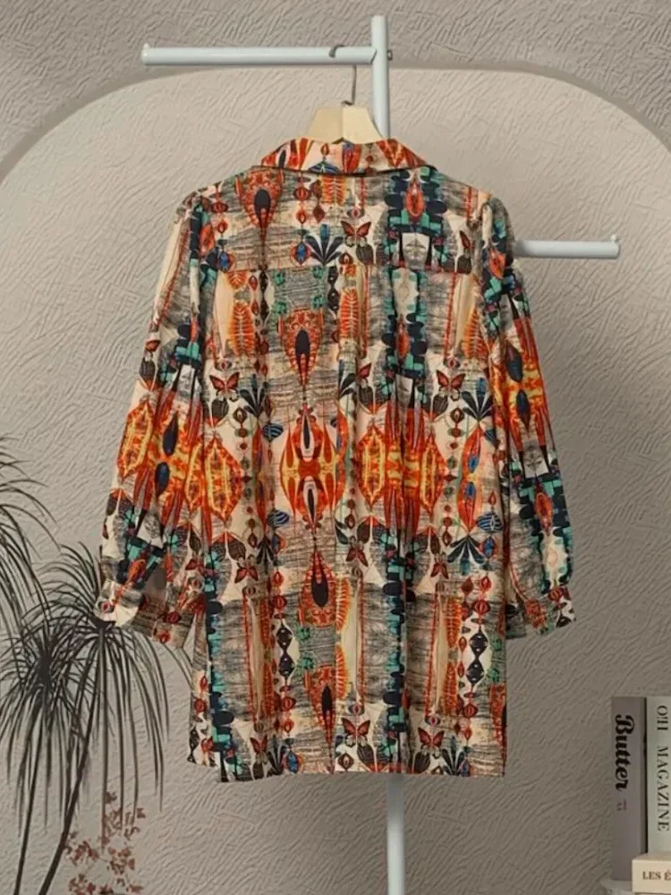 ASAYA Atasan kemeja lengan panjang  elegan longgar kasual cetak