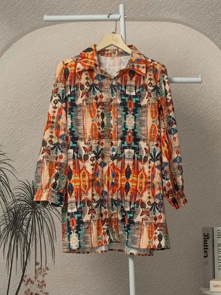 ASAYA Atasan kemeja lengan panjang  elegan longgar kasual cetak