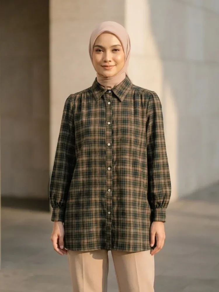 ASAYA Atasan kemeja lengan panjang  elegan longgar kasual cetak