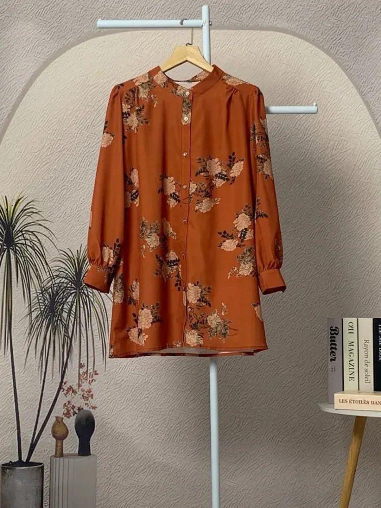 ASAYA Atasan kemeja lengan panjang  elegan longgar kasual cetak
