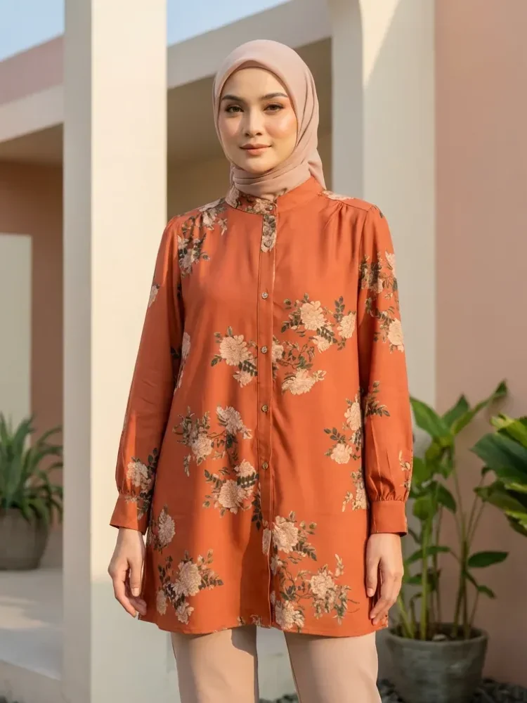 ASAYA Atasan kemeja lengan panjang  elegan longgar kasual cetak