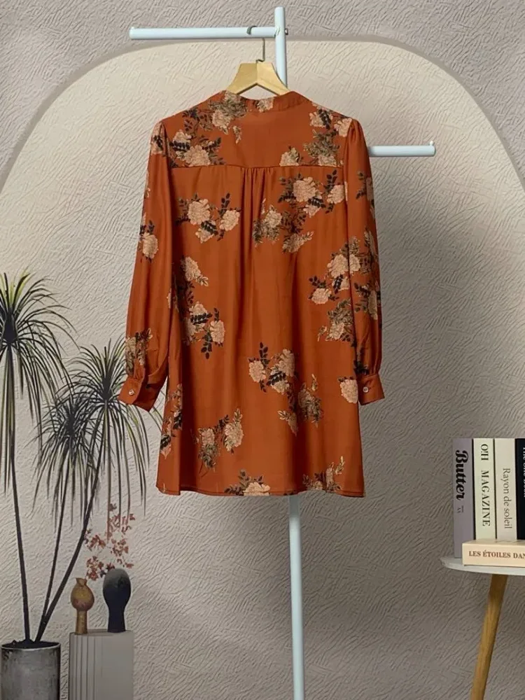 ASAYA Atasan kemeja lengan panjang  elegan longgar kasual cetak
