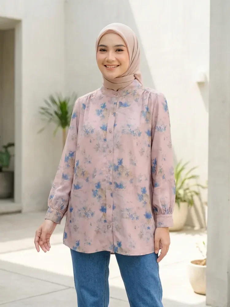 ASAYA Atasan kemeja lengan panjang  elegan longgar kasual cetak