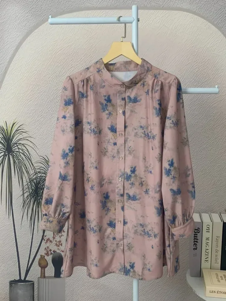 ASAYA Atasan kemeja lengan panjang  elegan longgar kasual cetak