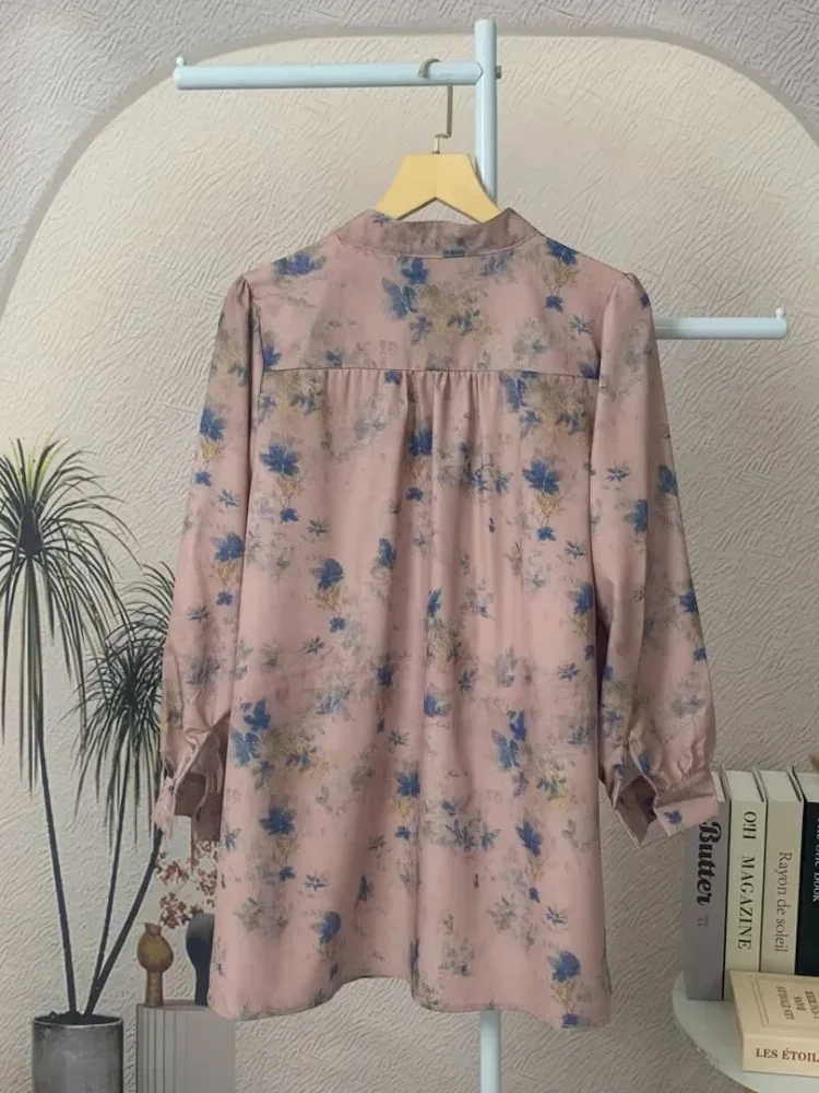 ASAYA Atasan kemeja lengan panjang  elegan longgar kasual cetak