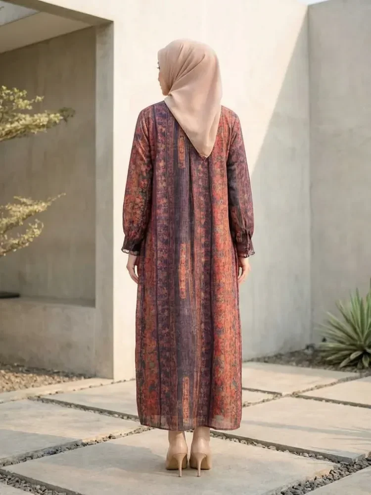 ASAYA Gaun panjang longgar kasual tipis bermotif dengan desain mode elegan