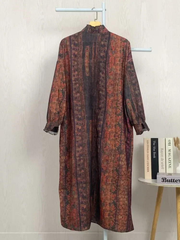 ASAYA Gaun panjang longgar kasual tipis bermotif dengan desain mode elegan