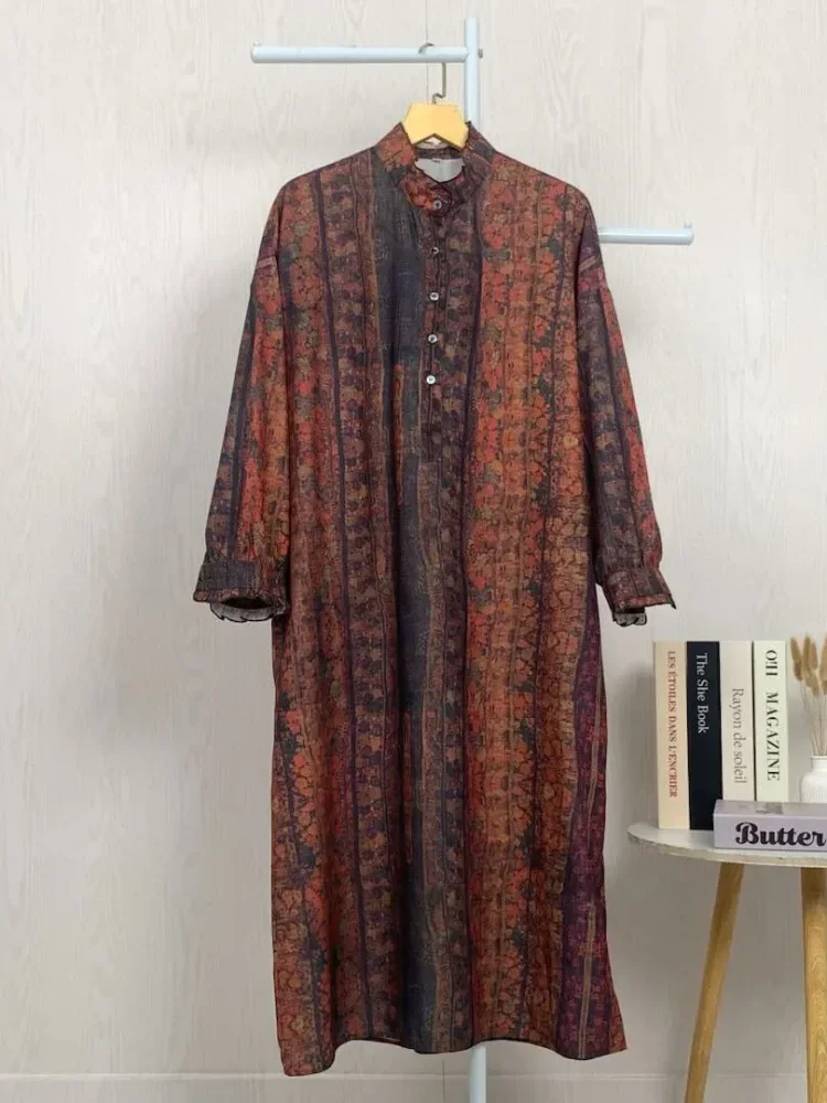 ASAYA Gaun panjang longgar kasual tipis bermotif dengan desain mode elegan