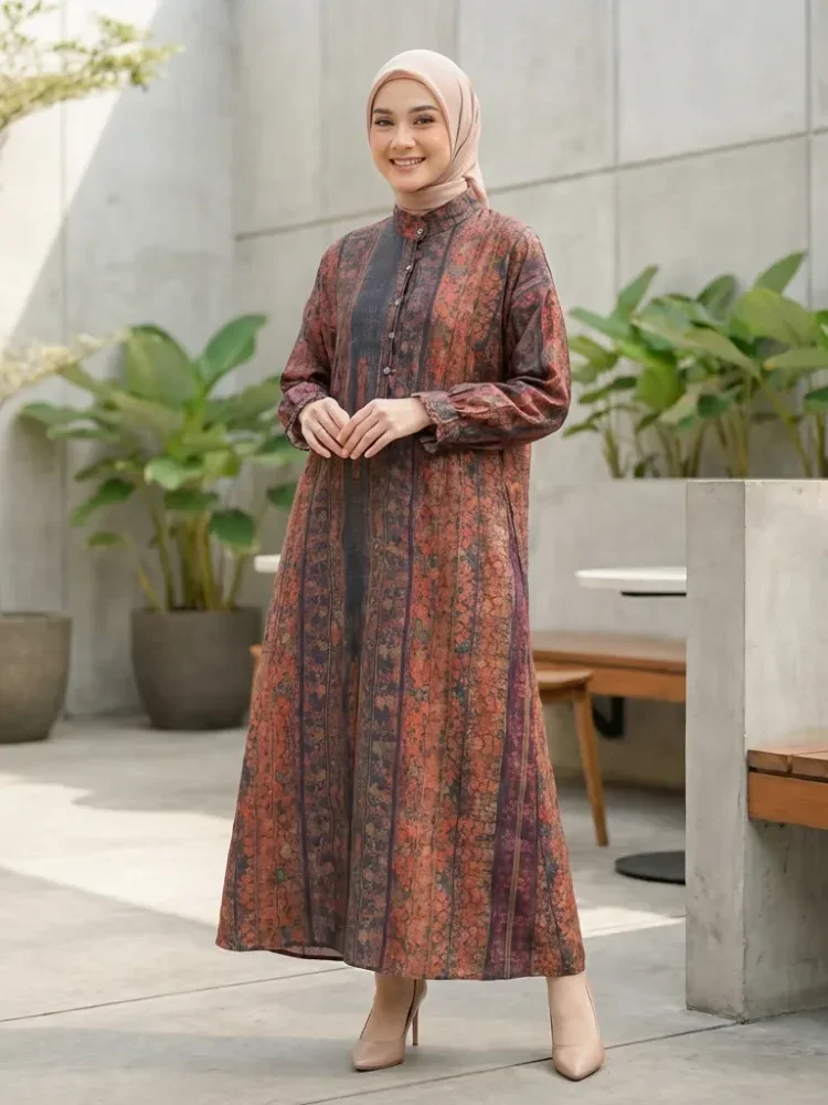 ASAYA Gaun panjang longgar kasual tipis bermotif dengan desain mode elegan