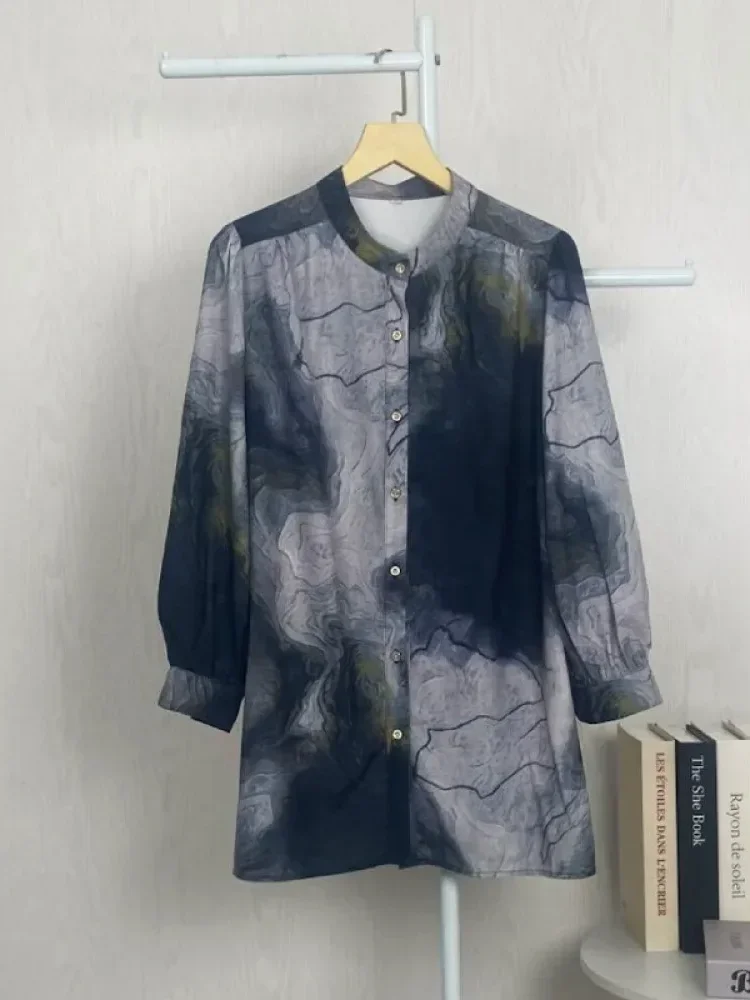 ASAYA Atasan kemeja lengan panjang  elegan longgar kasual cetak