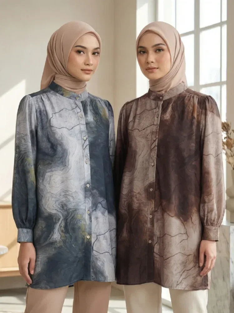 ASAYA Atasan kemeja lengan panjang  elegan longgar kasual cetak