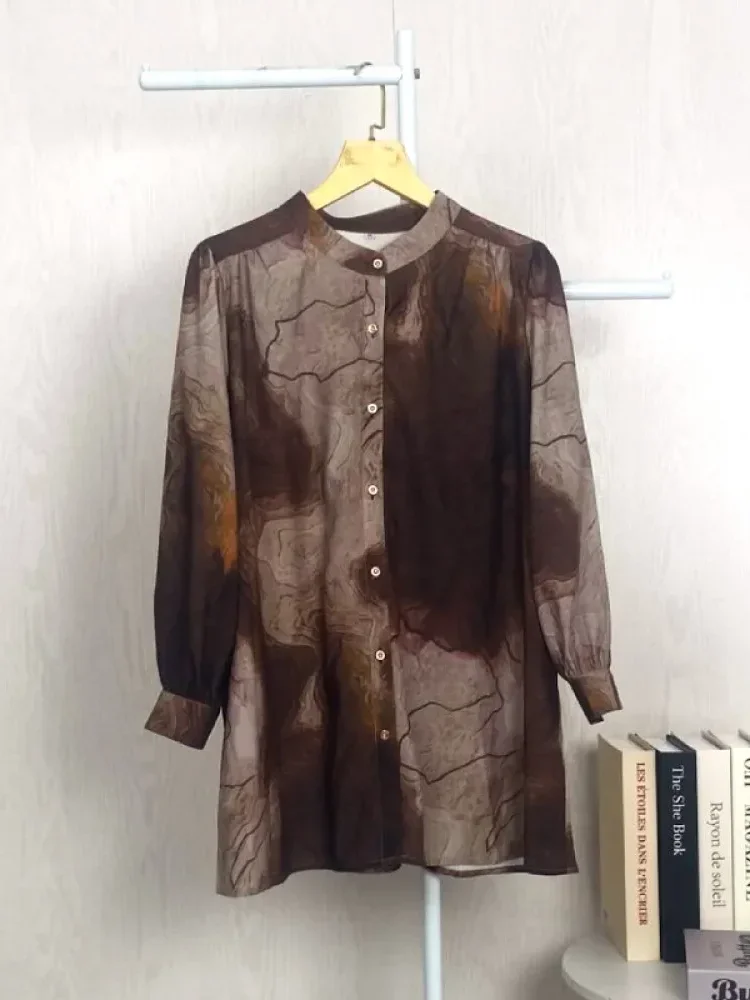 ASAYA Atasan kemeja lengan panjang  elegan longgar kasual cetak