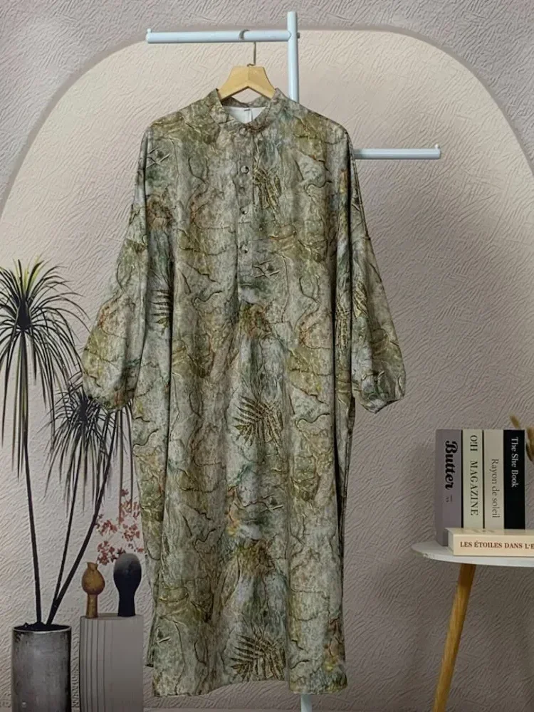 ASAYA Gaun panjang longgar kasual tipis bermotif dengan desain mode elegan