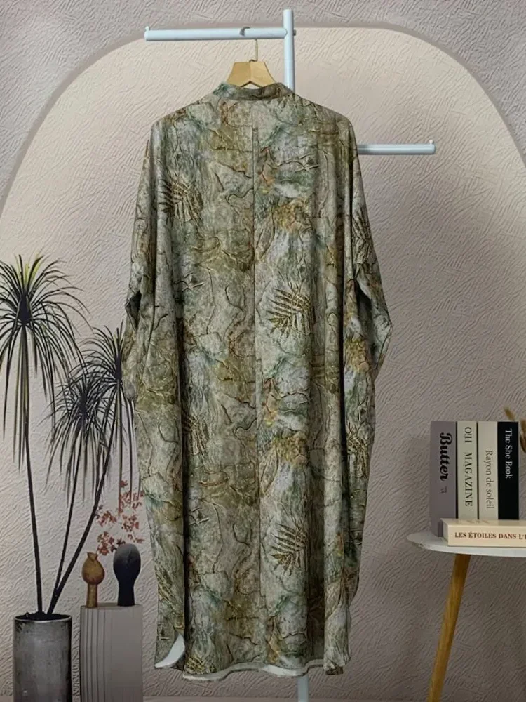 ASAYA Gaun panjang longgar kasual tipis bermotif dengan desain mode elegan