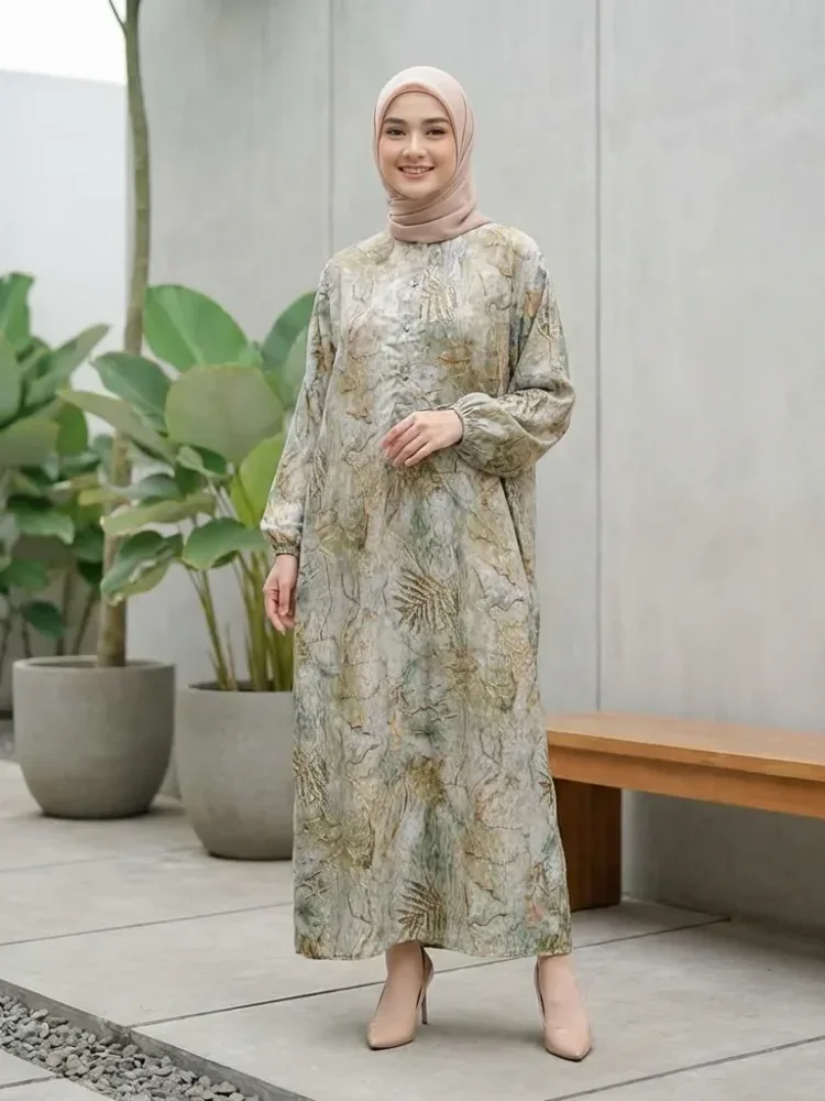 ASAYA Gaun panjang longgar kasual tipis bermotif dengan desain mode elegan