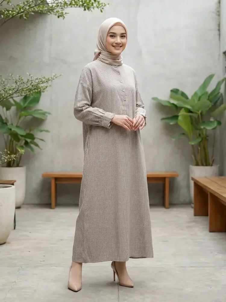 ASAYA Gaun panjang longgar kasual tipis bermotif dengan desain mode elegan