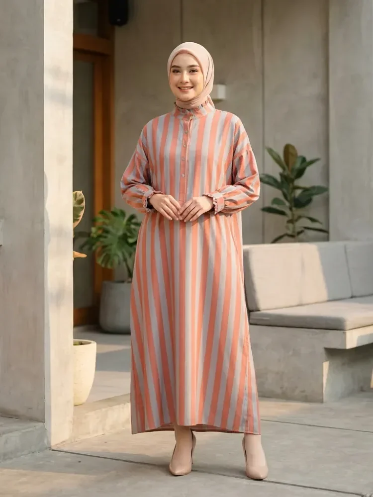 [DISKON KILAT]ASAYA Gaun panjang longgar kasual tipis bermotif dengan desain mode elegan
