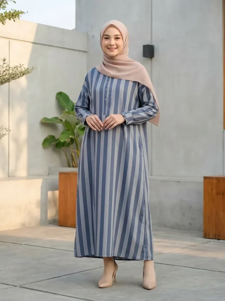 [DISKON KILAT]ASAYA Gaun panjang longgar kasual tipis bermotif dengan desain mode elegan