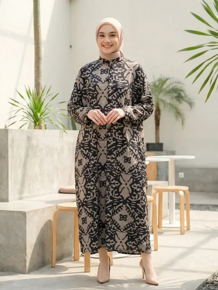 [READY STOCK]ASAYA Gaun panjang longgar kasual tipis bermotif dengan desain mode elegan