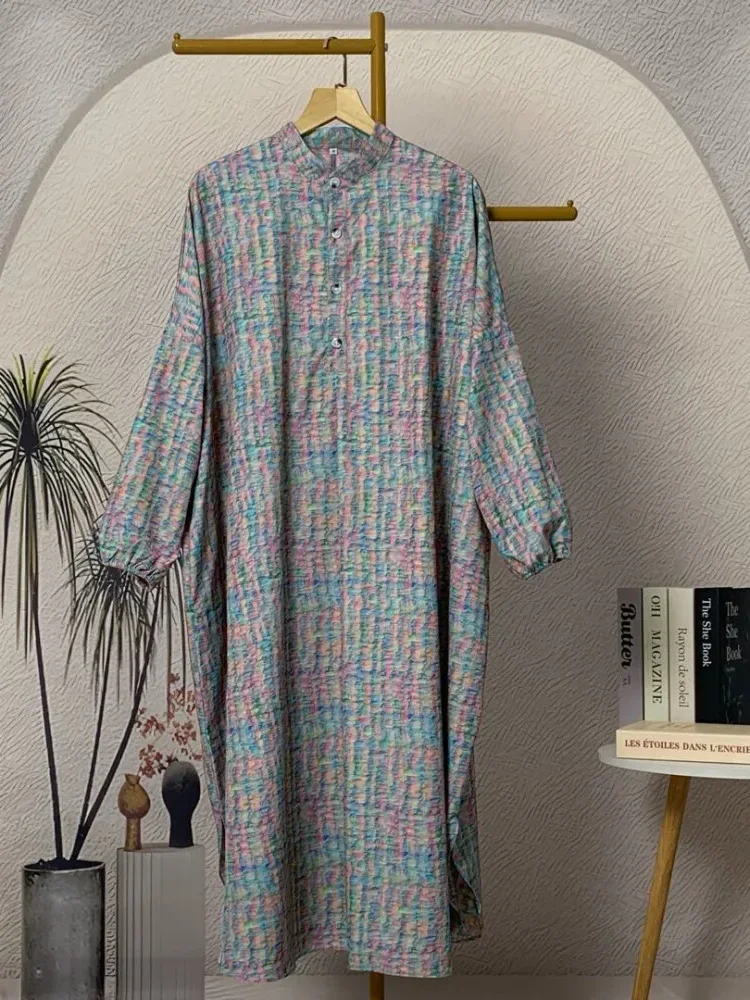 ASAYA Gaun panjang longgar kasual tipis bermotif dengan desain mode elegan