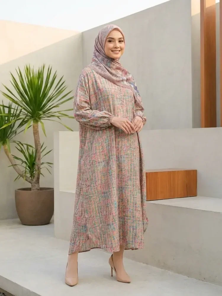 ASAYA Gaun panjang longgar kasual tipis bermotif dengan desain mode elegan