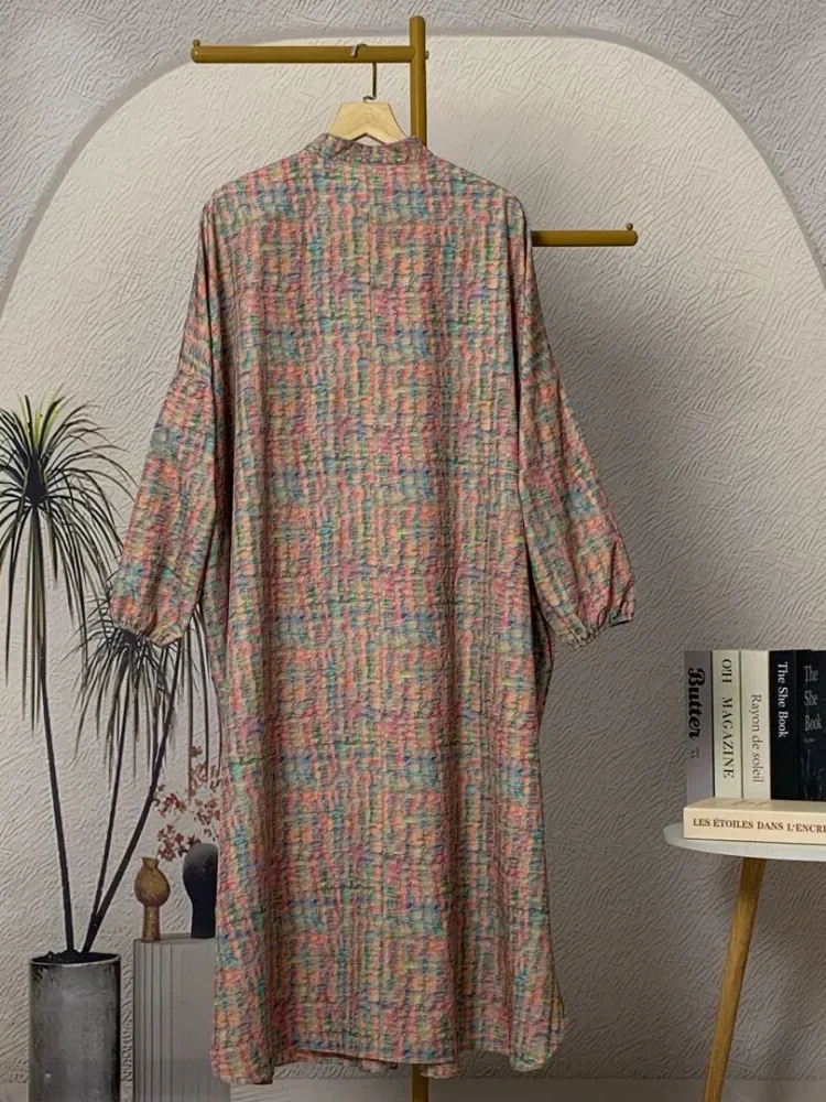 ASAYA Gaun panjang longgar kasual tipis bermotif dengan desain mode elegan