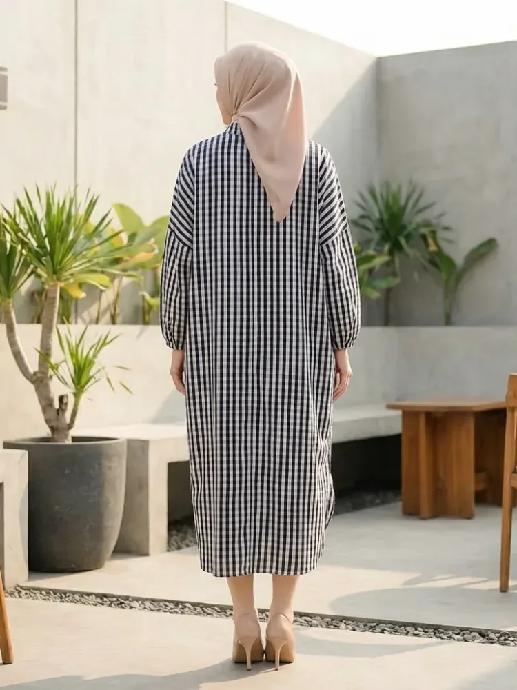 ASAYA Gaun panjang longgar kasual tipis bermotif dengan desain mode elegan